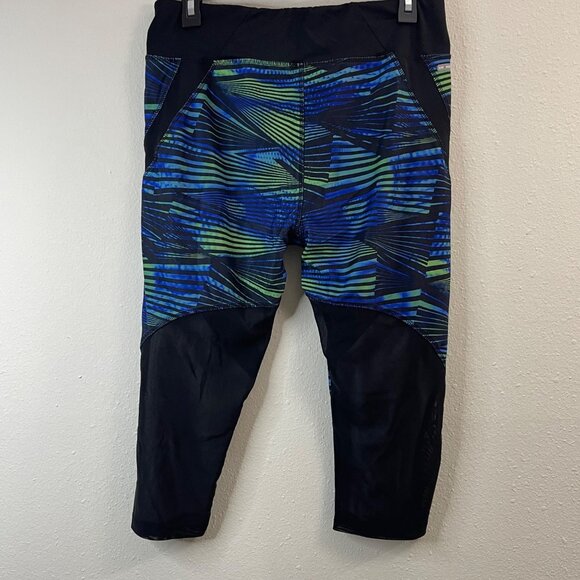 Womens Capri Leggings Blue/Green Striped Pattern With Black Mesh Panels Size L - Picture 5 of 11